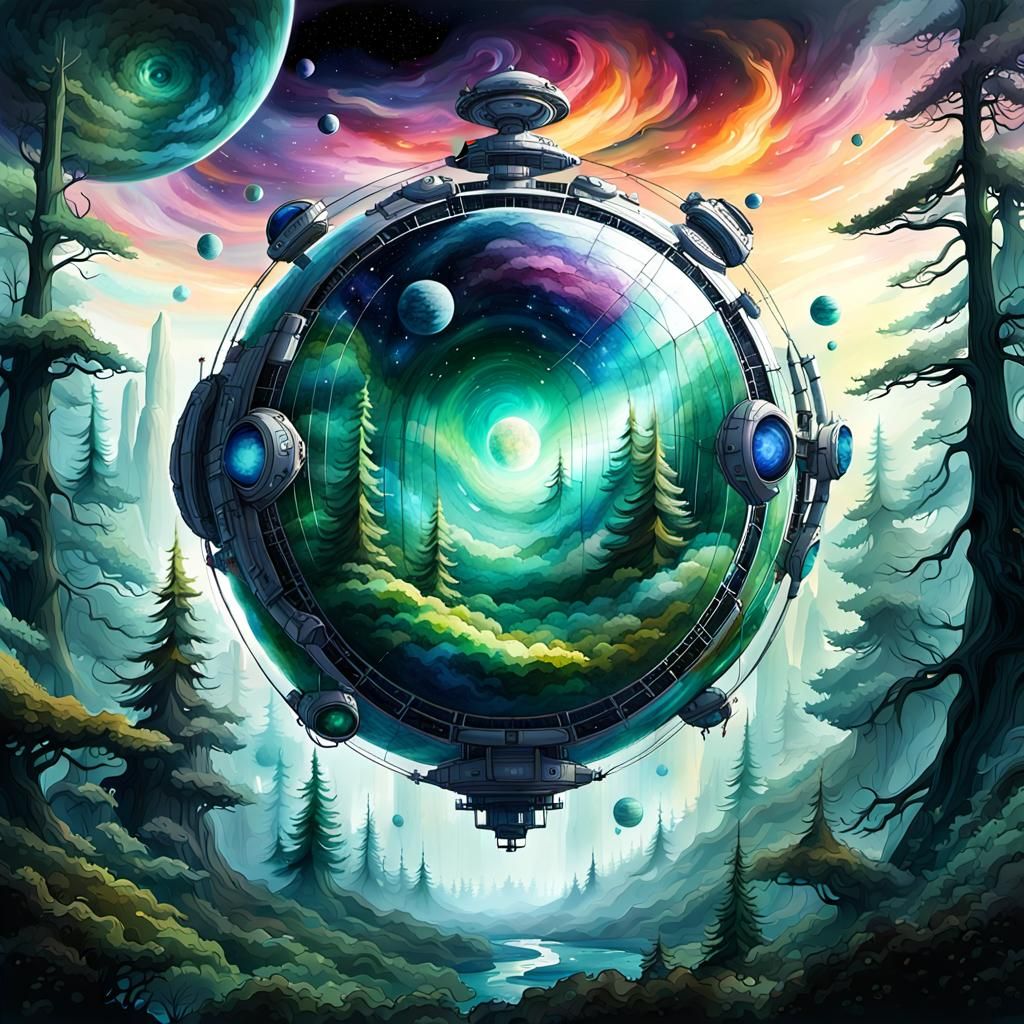 Futuristic Space Station Orbiting a Colorful Planet