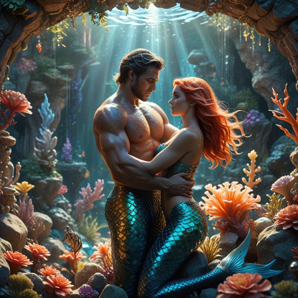 Mermaid love in an underwater garden