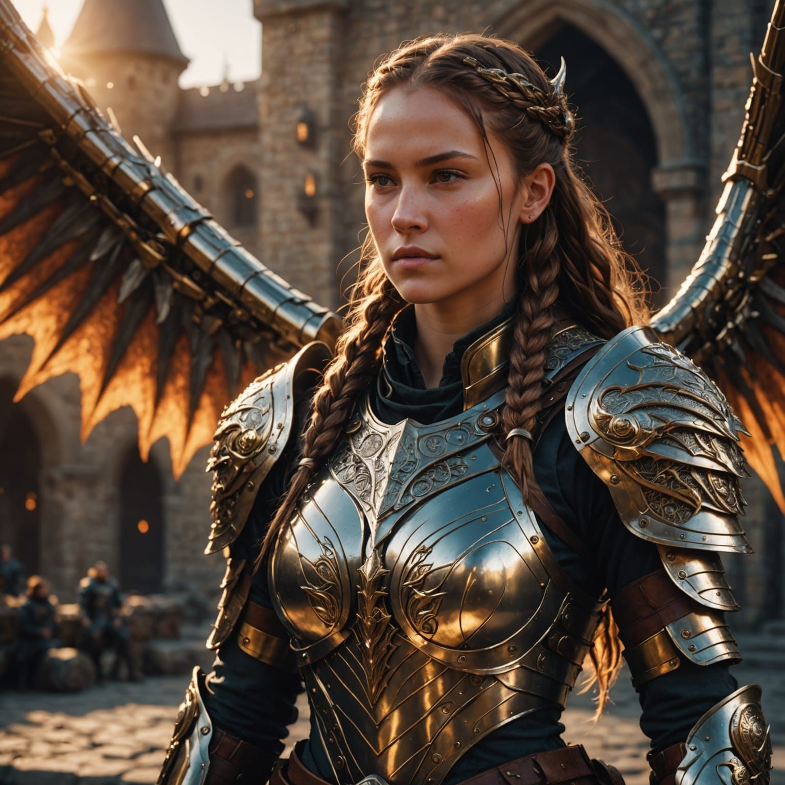 Medieval Female Warrior with Wings and Intricate Mech Armor