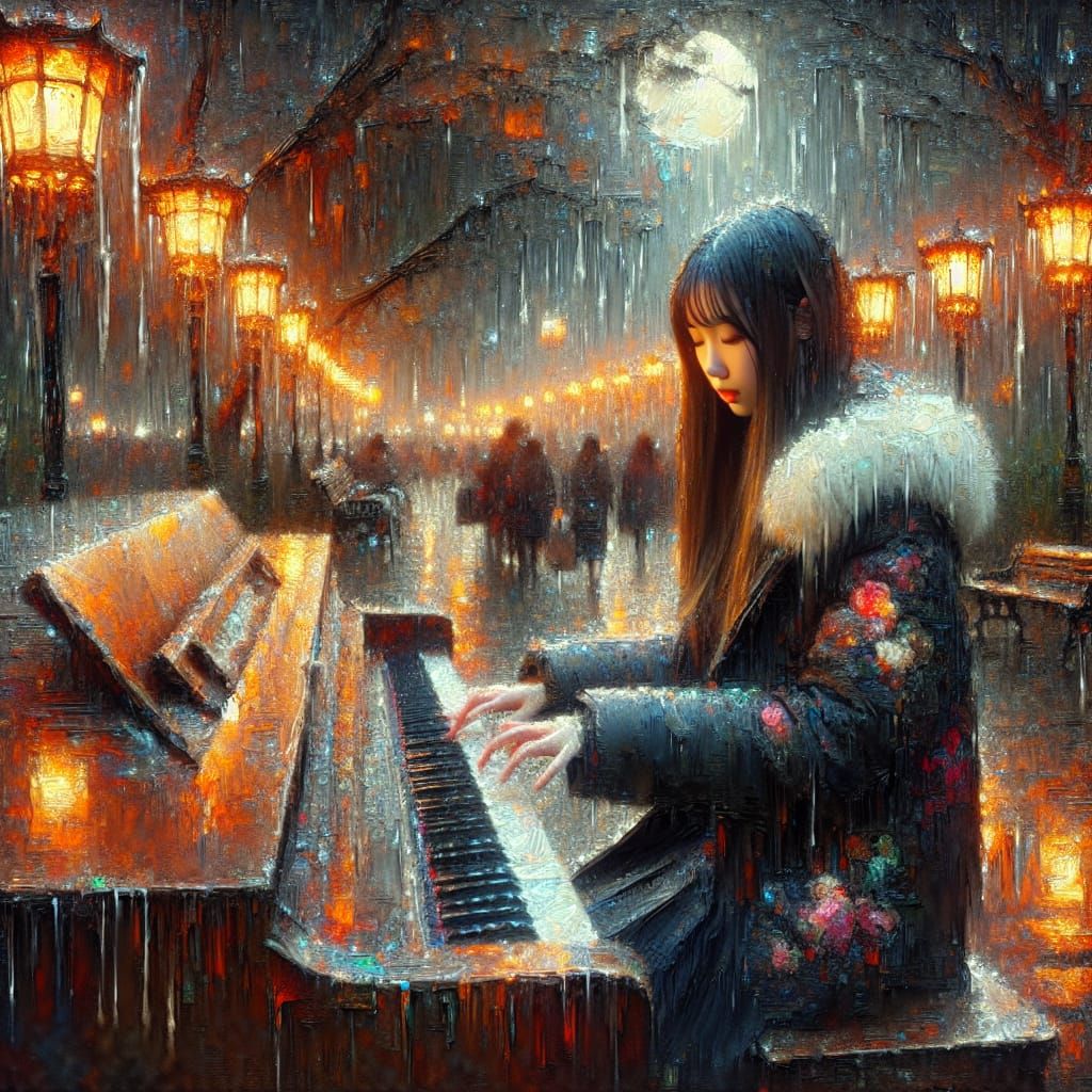 Girl Plays Piano in Freezing Rain, Oriental Oil Painting