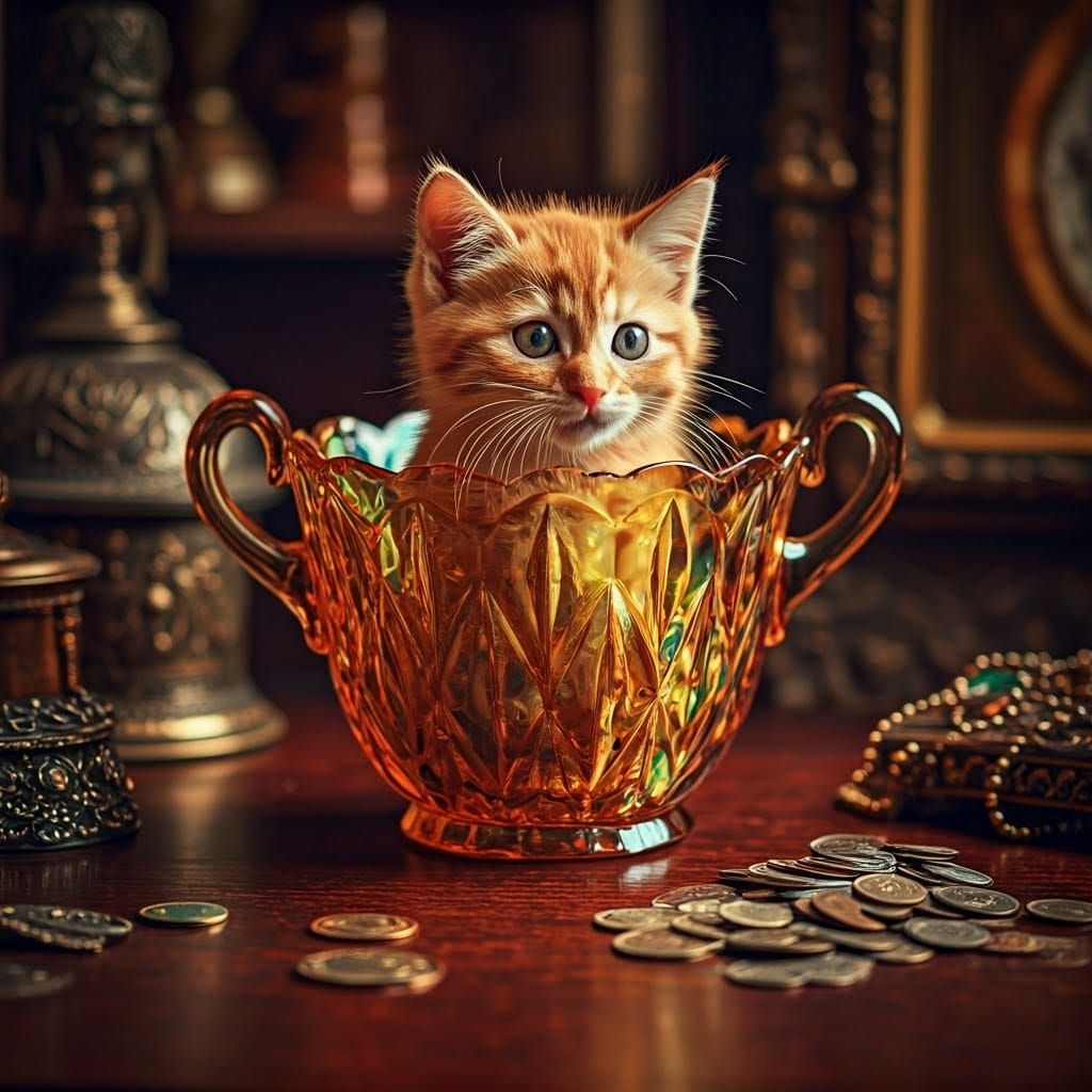 Cute Tabi Kitten in a Crystal Pot, Antique Shop Still Life
