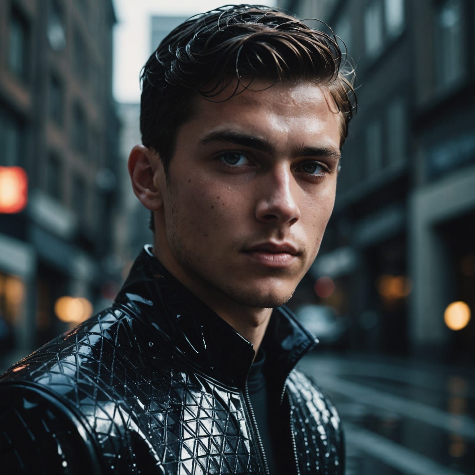Cinematic Photo of Young Man in Black Rubber