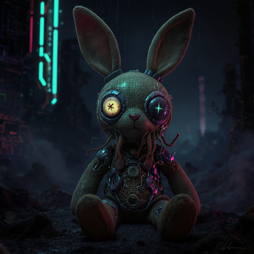 Retro-Futuristic Voodoo Rabbit Doll in Cyberpunk Style