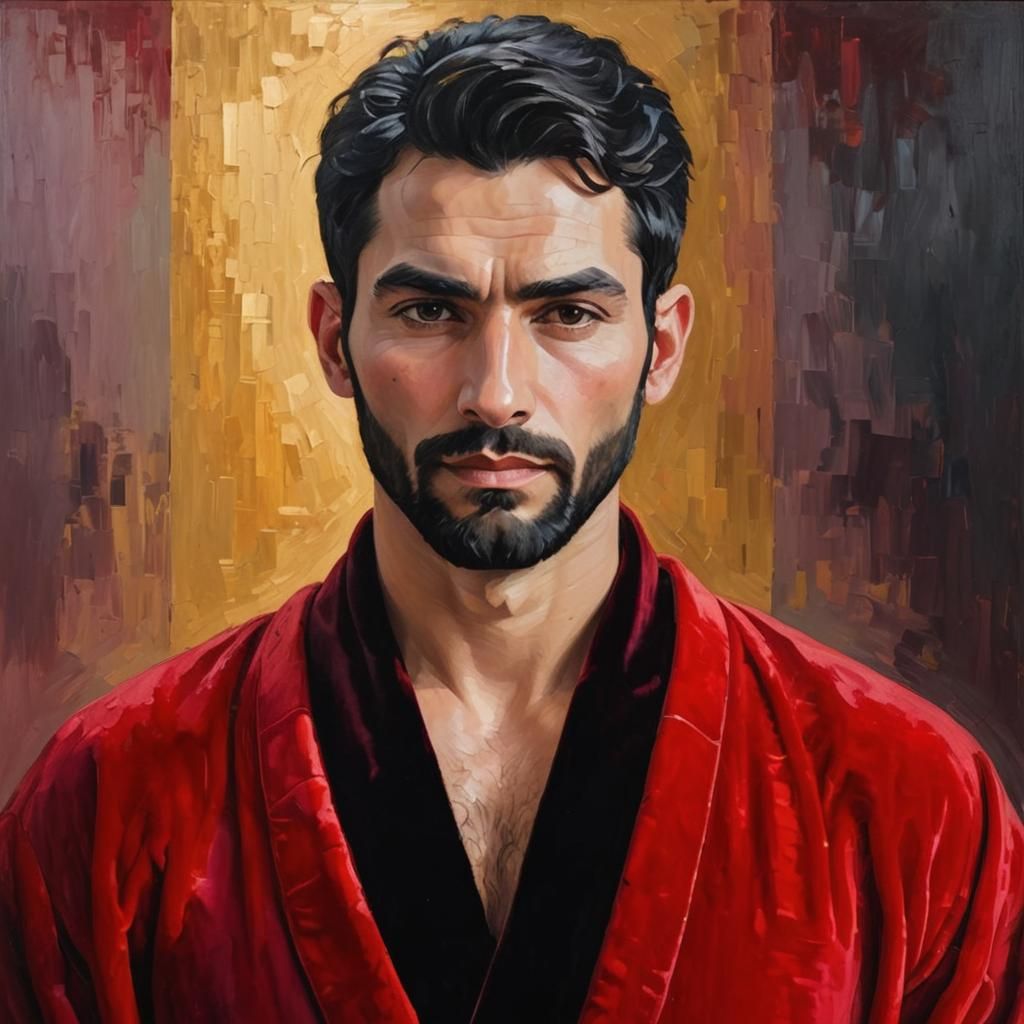 Hirsute Man in Red Velvet Robe: Expressionist Oil Painting