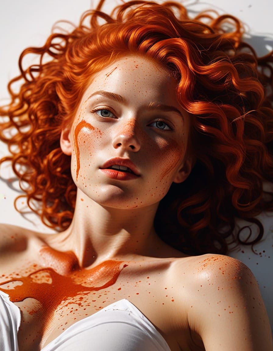 Red-Haired Woman Painted on Canvas: Fine Art Photography