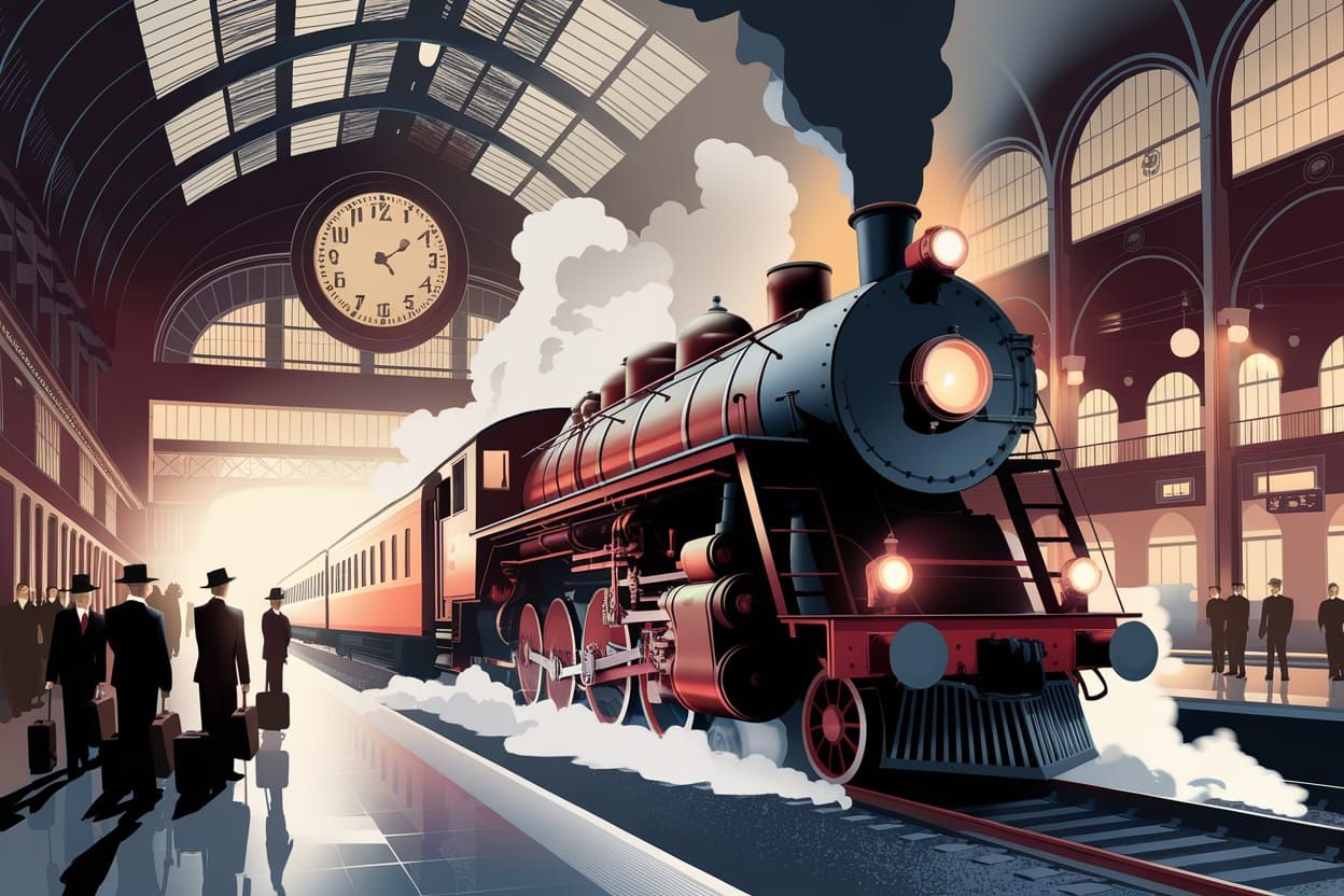 Vintage Train Station with Steam Locomotive