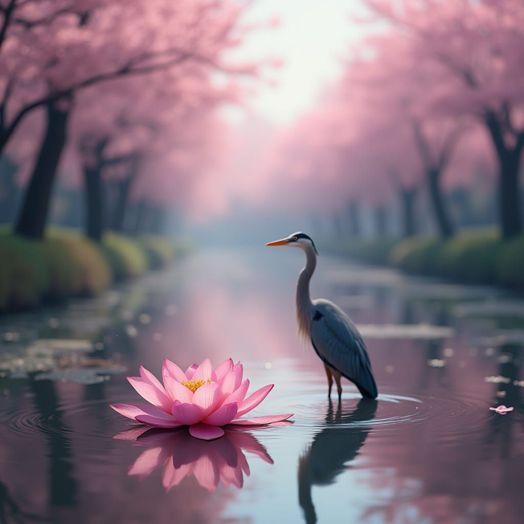 Lotus Flower and Heron in a Blossoming River