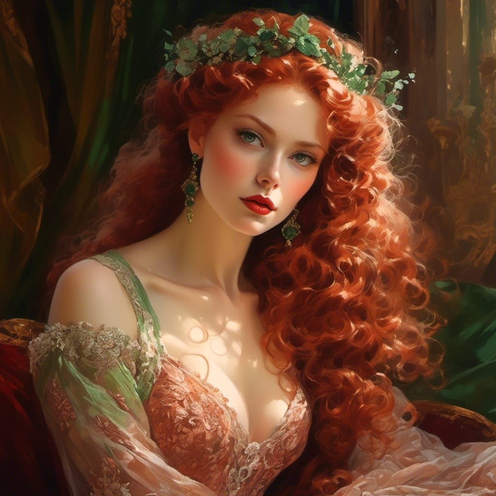 Red-Haired Woman in Green Lace Gown