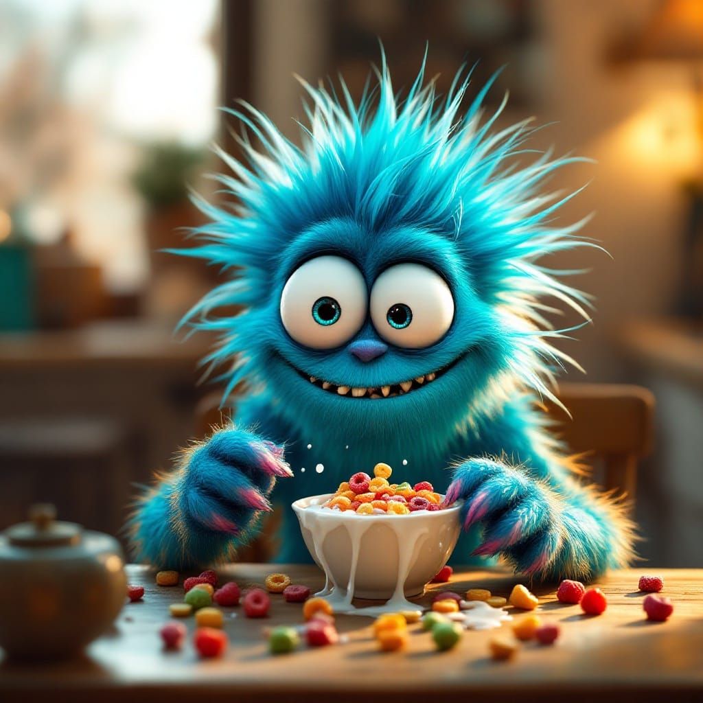 Endearing Monster's Cereal Breakfast in Hyperrealism