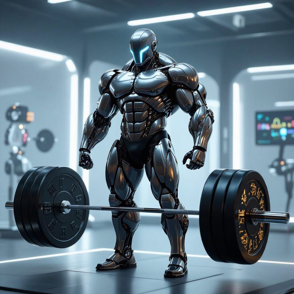 Cyborg Weightlifter Hoisting Barbell in Cyberpunk Gym