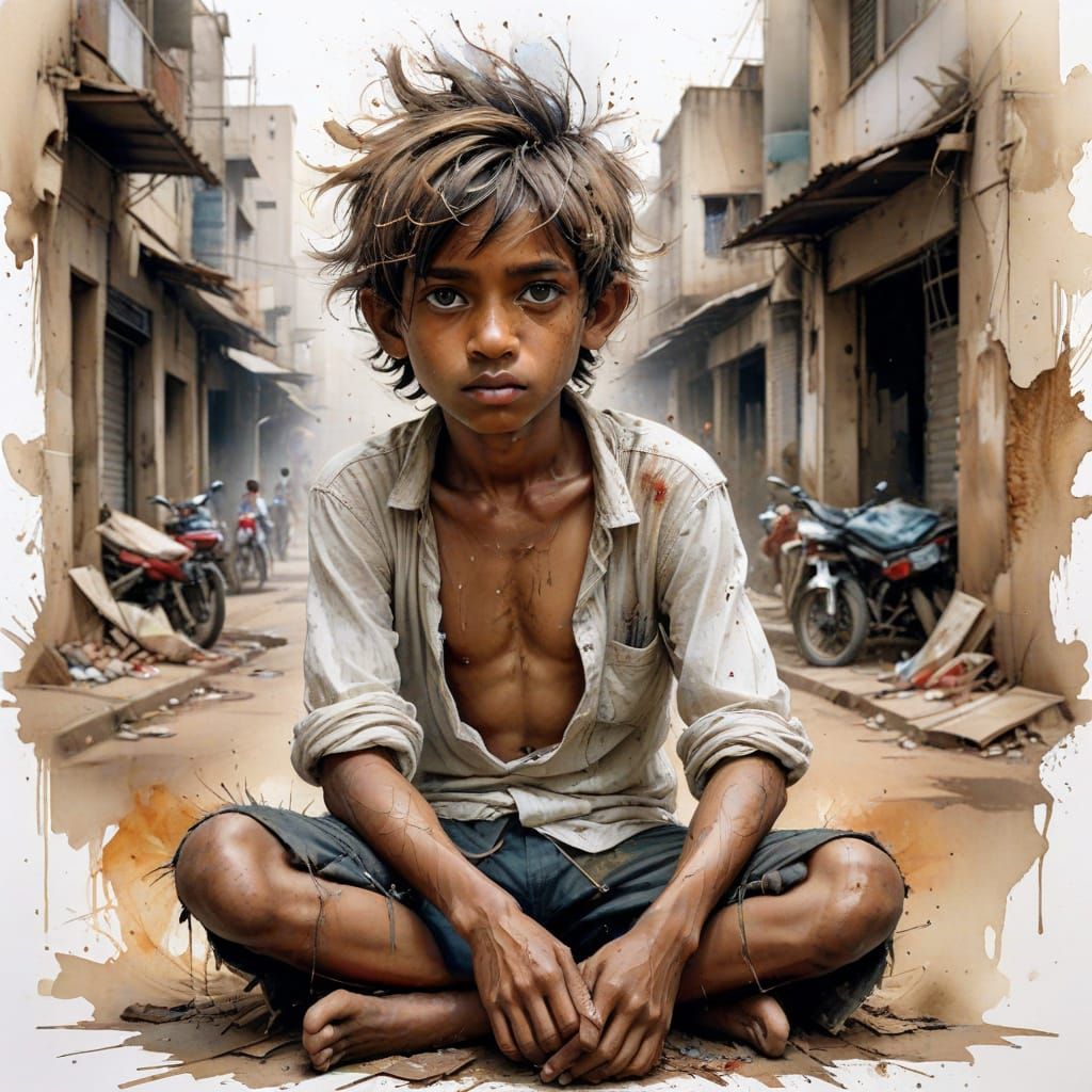 Sorrowful Street Boy in Golden Hour Mumbai
