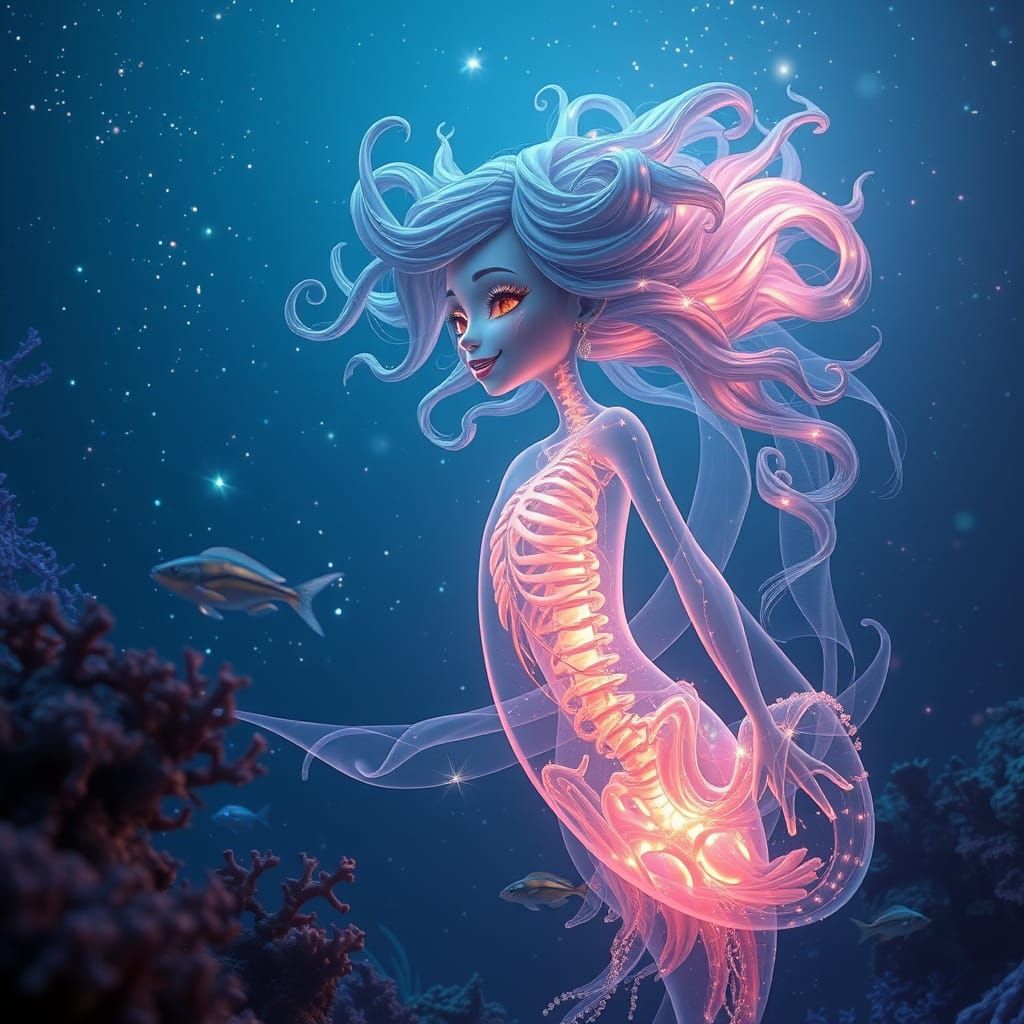 Radiant Ocean Goddess Shines Among Stars and Coral