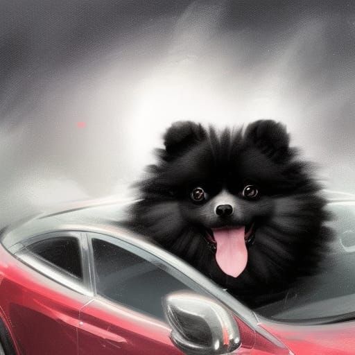 Fluffy Black Pomeranian Portrait in Car, Detailed Digital Ar...