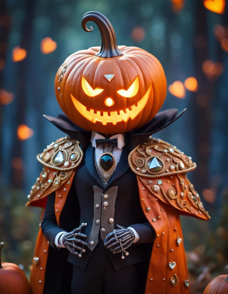 Disney Pixar style Pumpkin King, Head is a pumpkin, carved glowing smile, no eyes, jeweled crown, royal cape with high c...