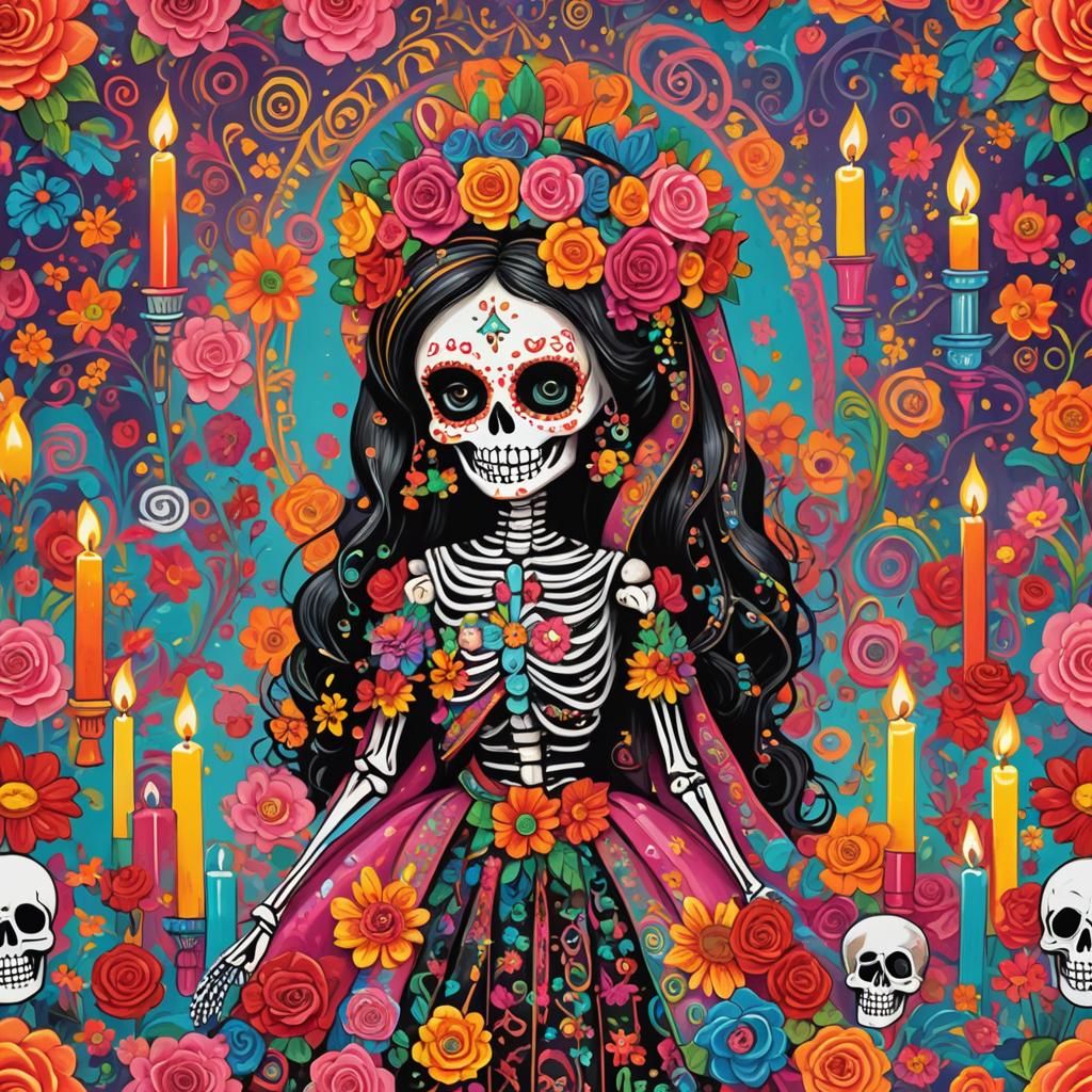 Virgin de Guadalupe Skeleton Doll with Flowers