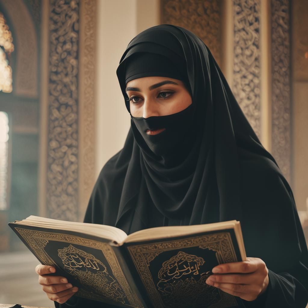 Woman in Niqab Reading Quran: Cinematic Film Still