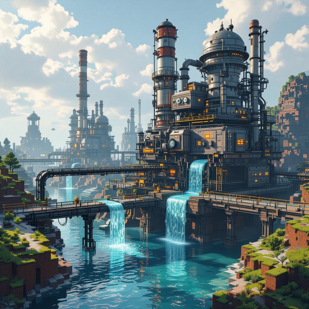 Industrial Minecraft Water Rig Farm in Retrofuturism Style