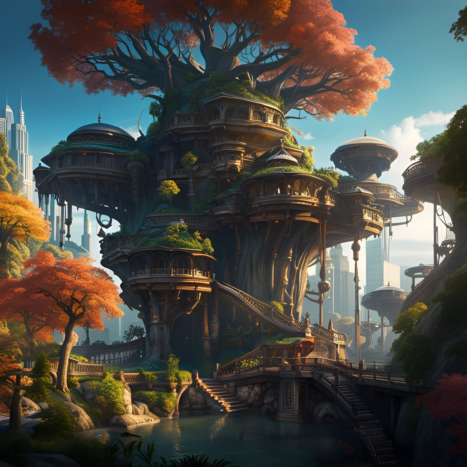 Futuristic Treehouse City with Galactic River Reflection