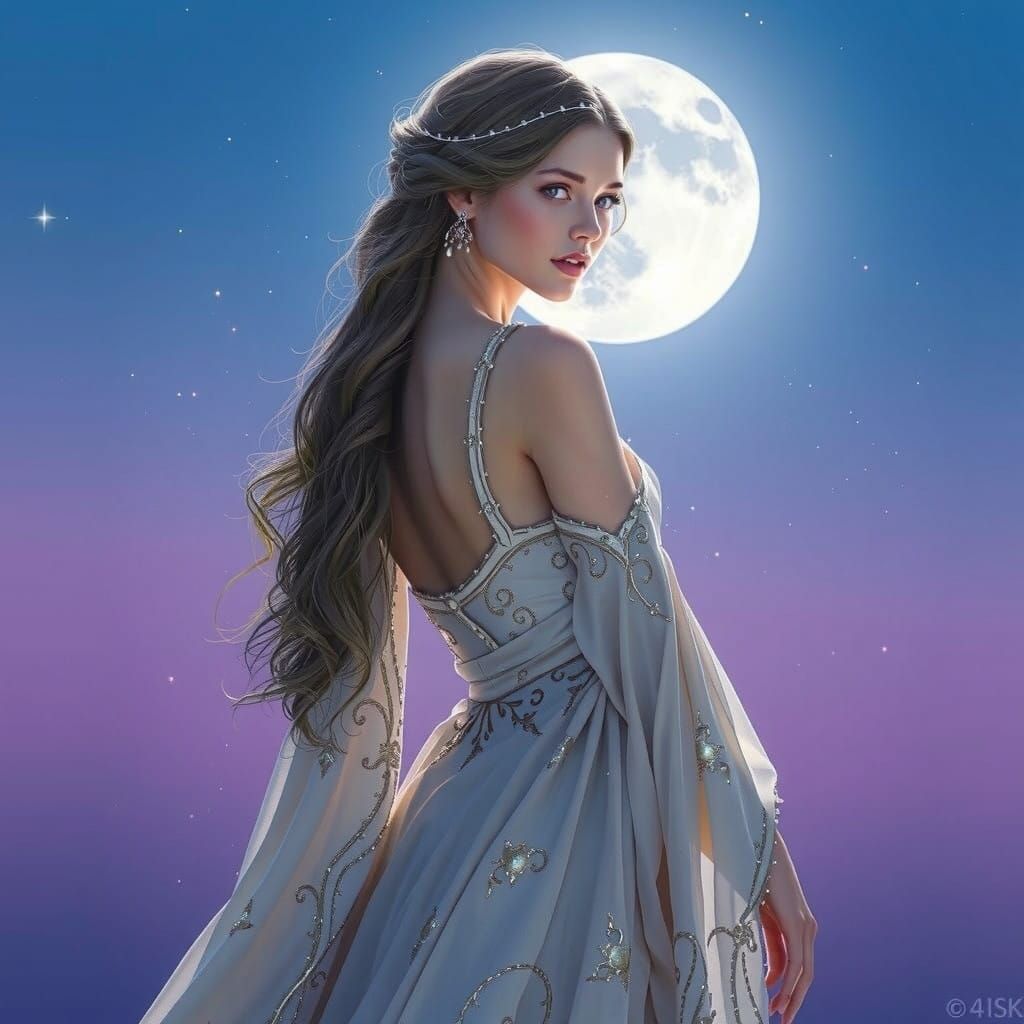 Majestic Moon Goddess in a Celestial Night Scene