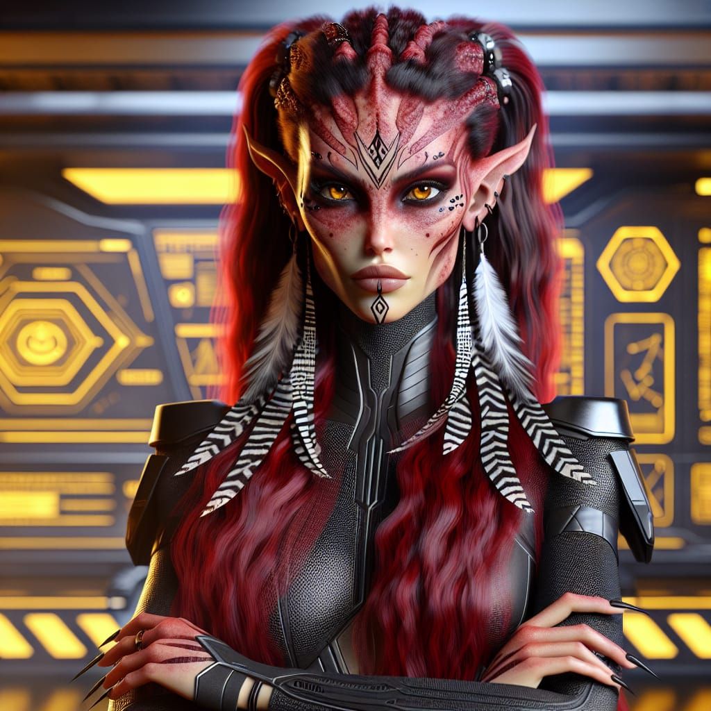 Cyberpunk Alien Female Warrior in Starship Bridge