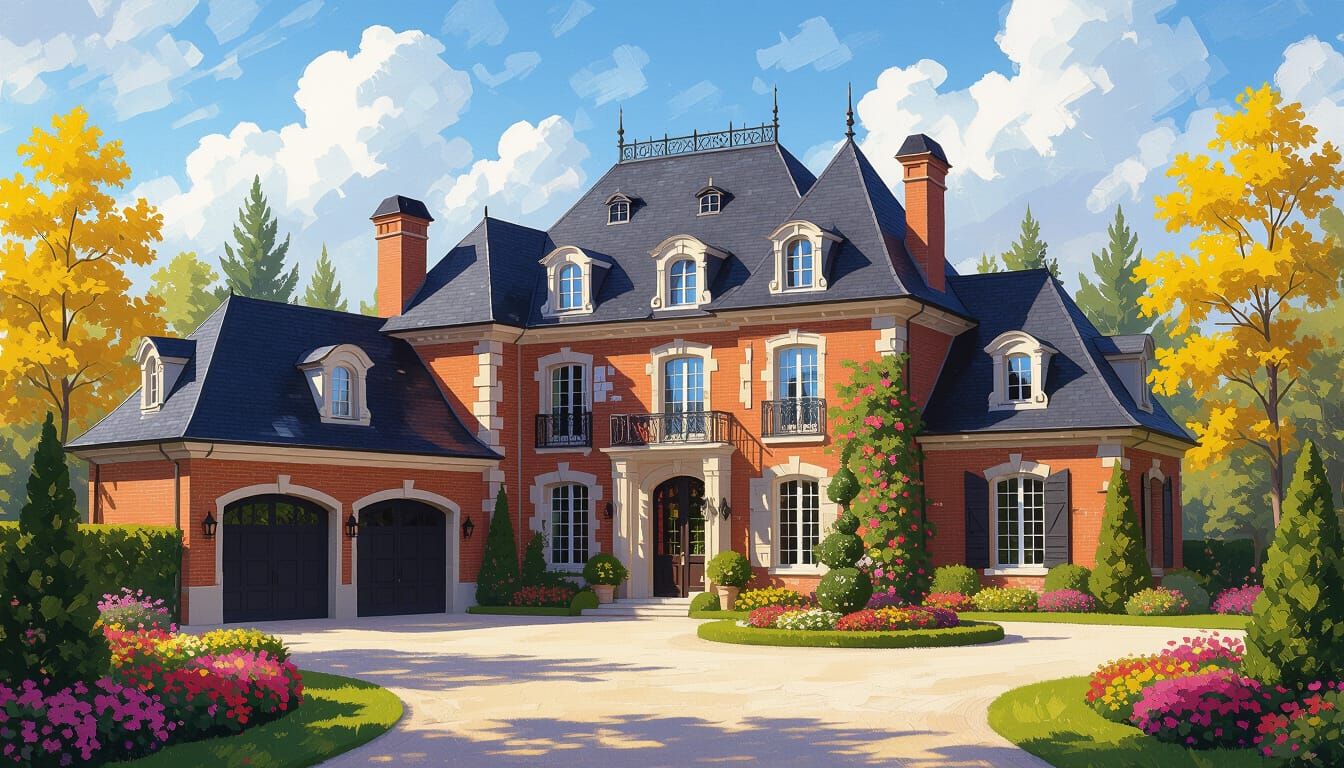 Brick Chateau with Colorful Garden Under Blue Sky