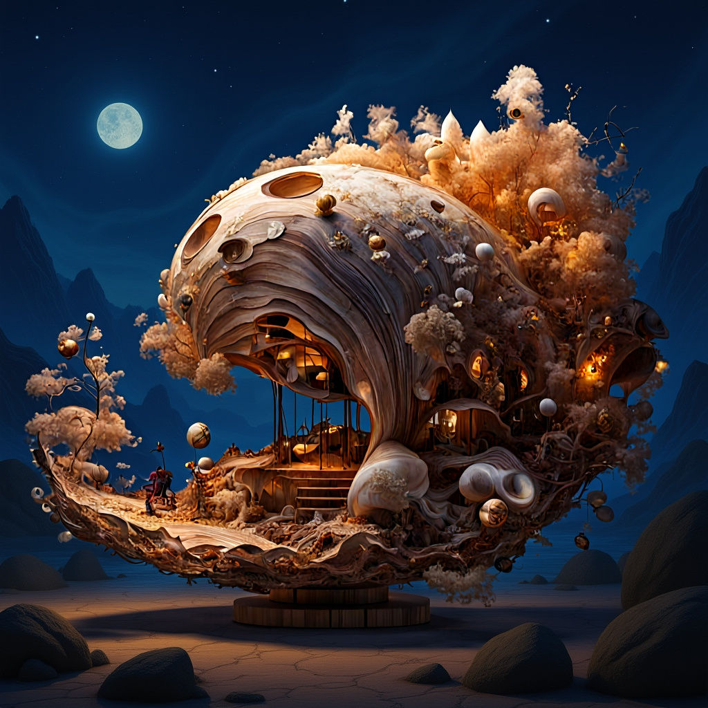 Abstract Wooden Sculpture in Fantasy Shell, Maximalist Art