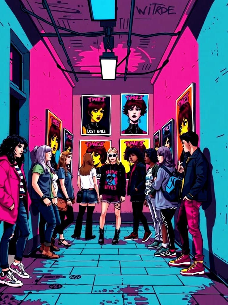 Teens in Punk Attire Line Up in a Vibrant Pop Art Alleyway