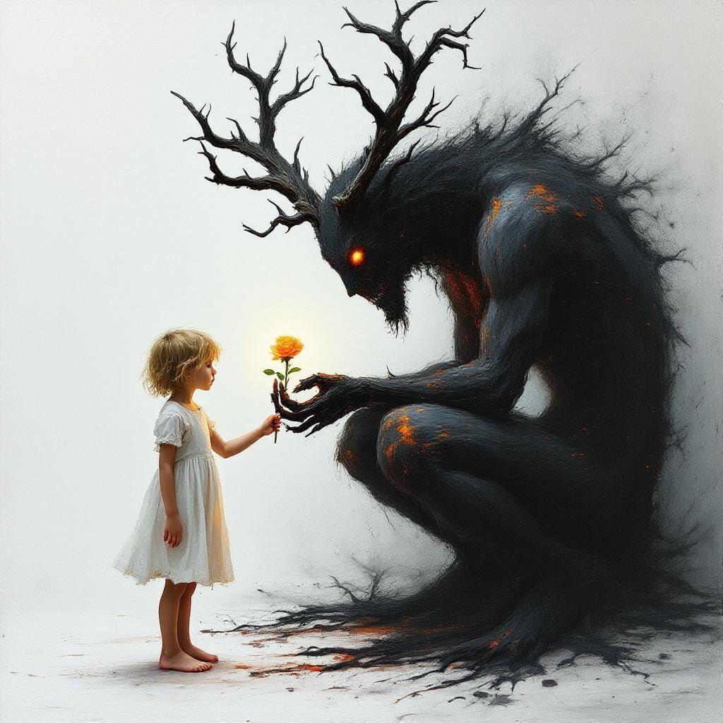 Ethereal Encounter: Shadow Creature Offers Rose, Impasto Art