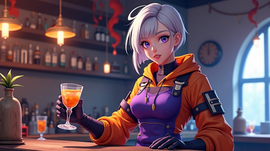 Pale androgynous tavern keeper with scimitar and claymore in...