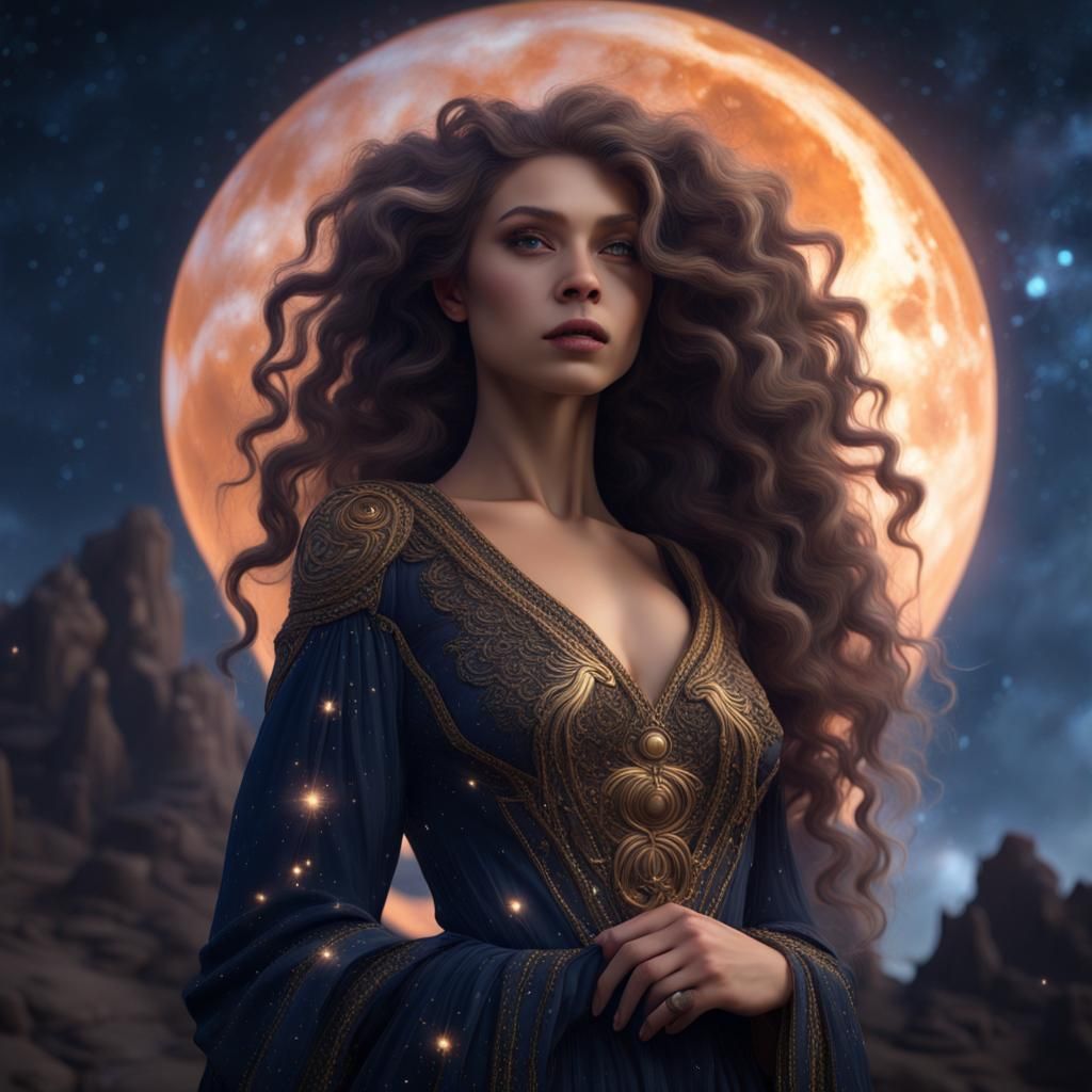 Celestial Woman with Starry Hair, Digital Art