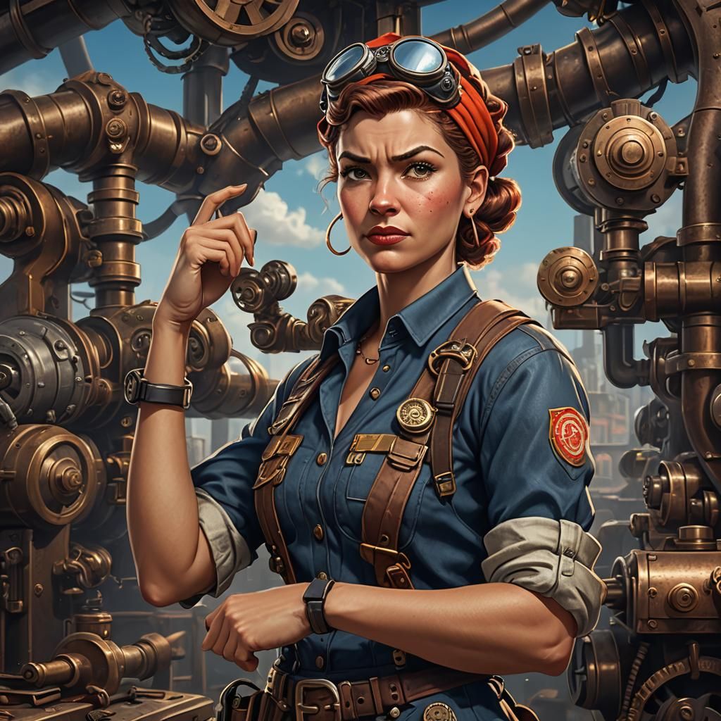 Steampunk Rosie the Riveter Mechanic in Detailed Painting