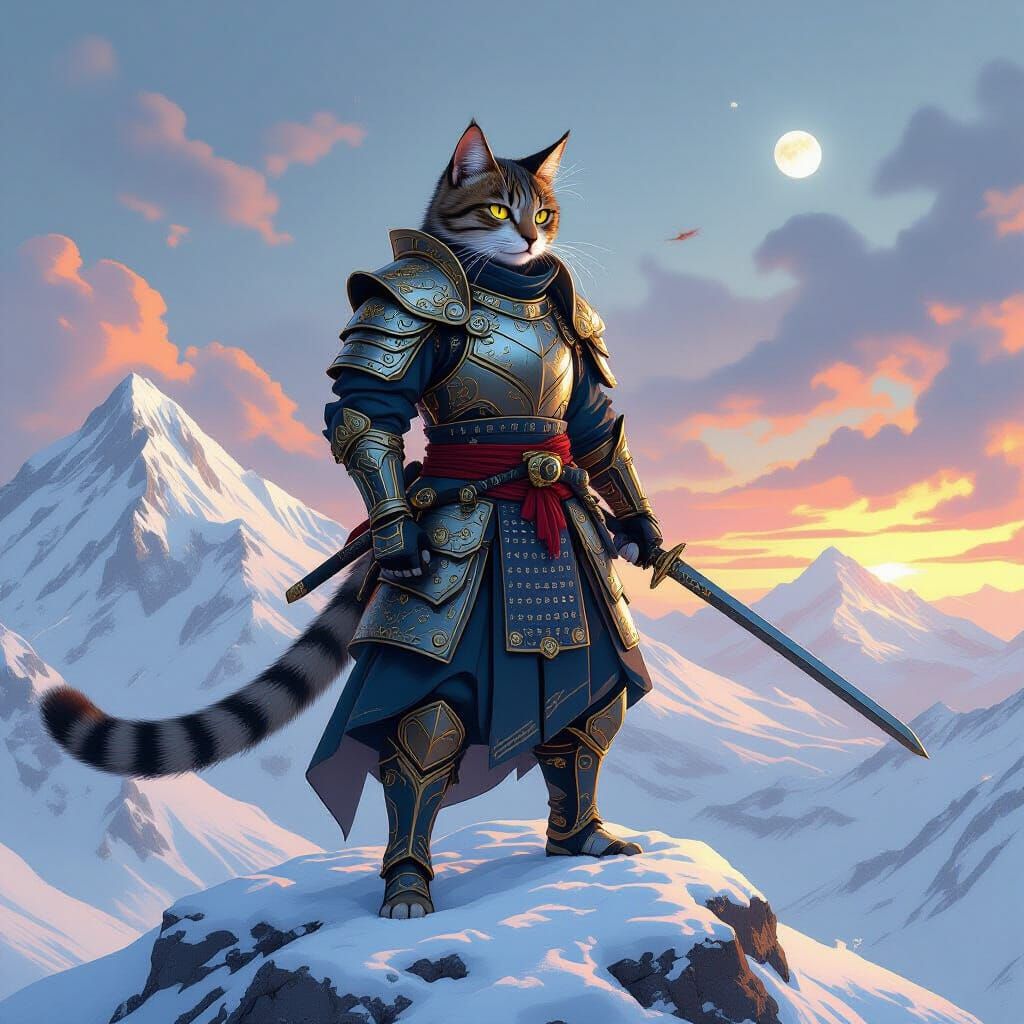 Samurai Cat on Snowy Peak in Digital Art Nouveau