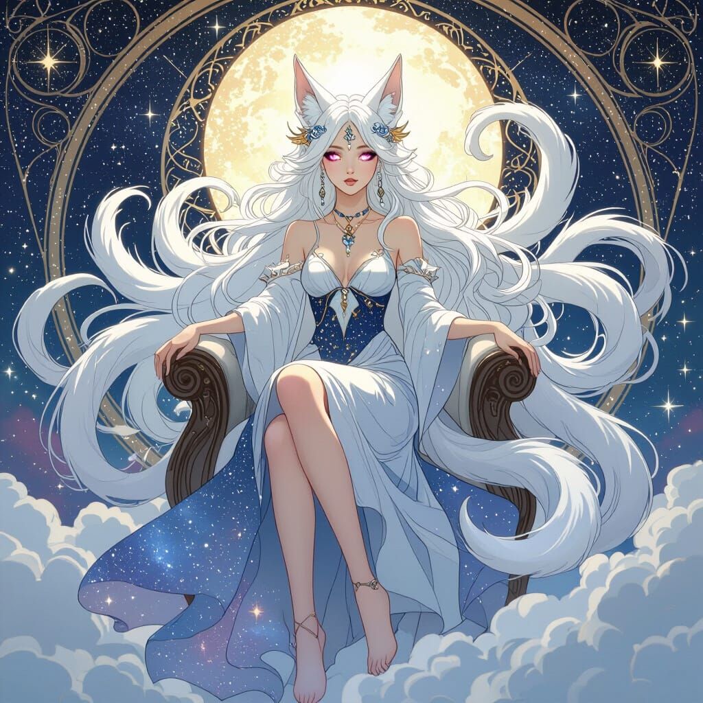 Celestial Kitsune Goddess in Art Nouveau Style