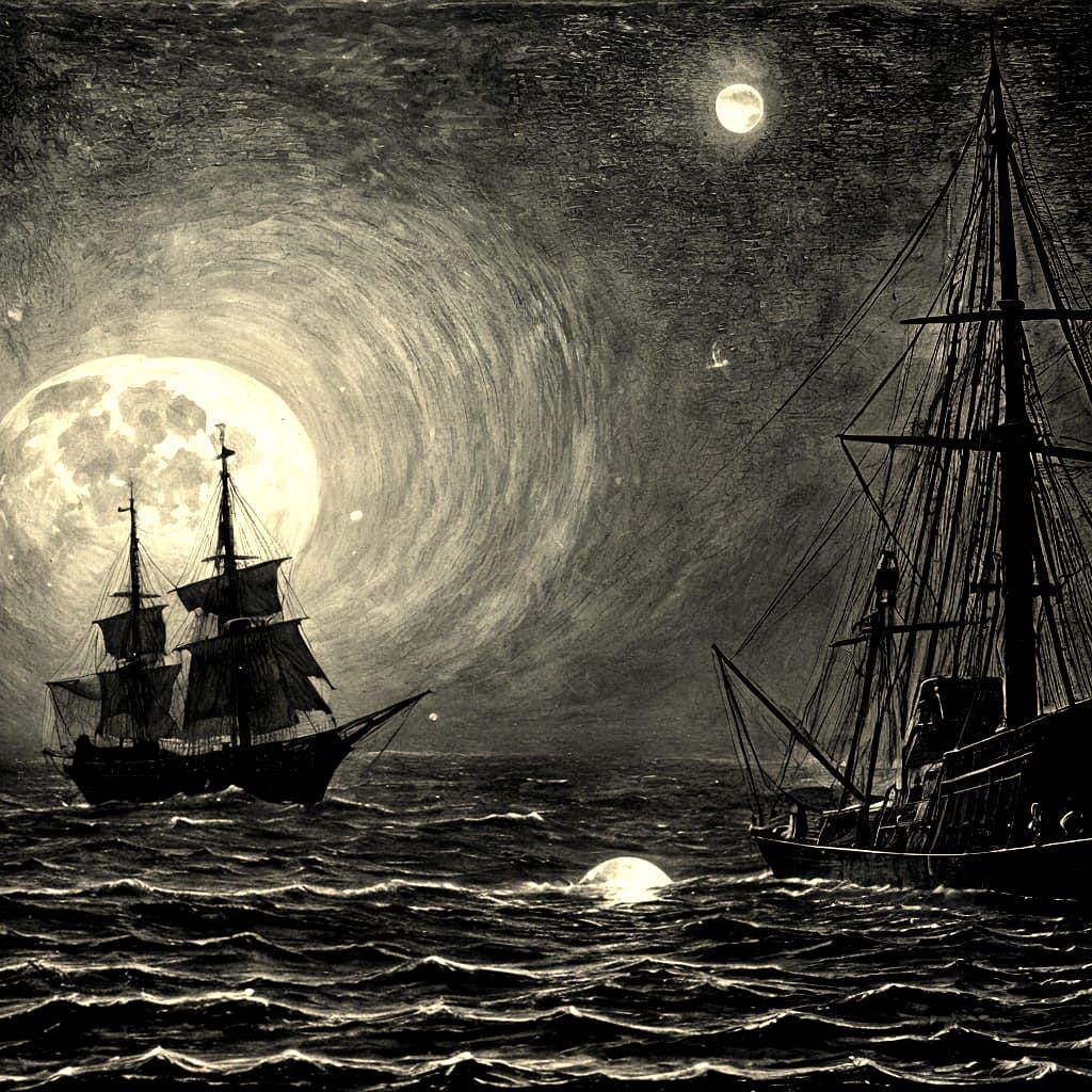 Gothic Pirate Ship Rides the Full Moon in a Haunting Fog