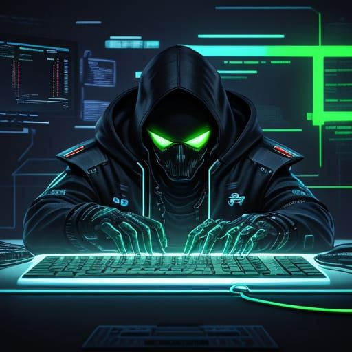 Glowing Hacker Typing in Neon-Lit Cyberpunk Lair