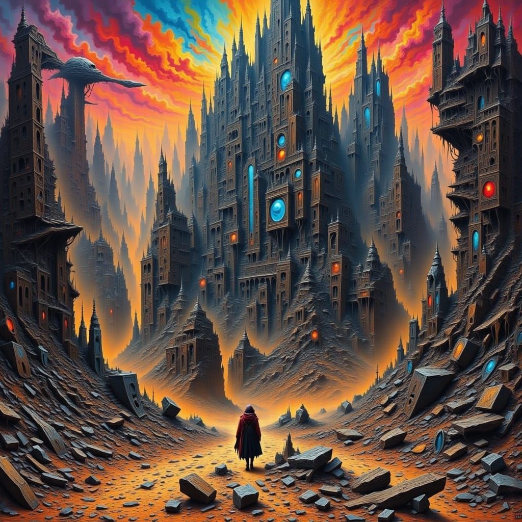 Dystopian Gypsy Caravan Through Futuristic City