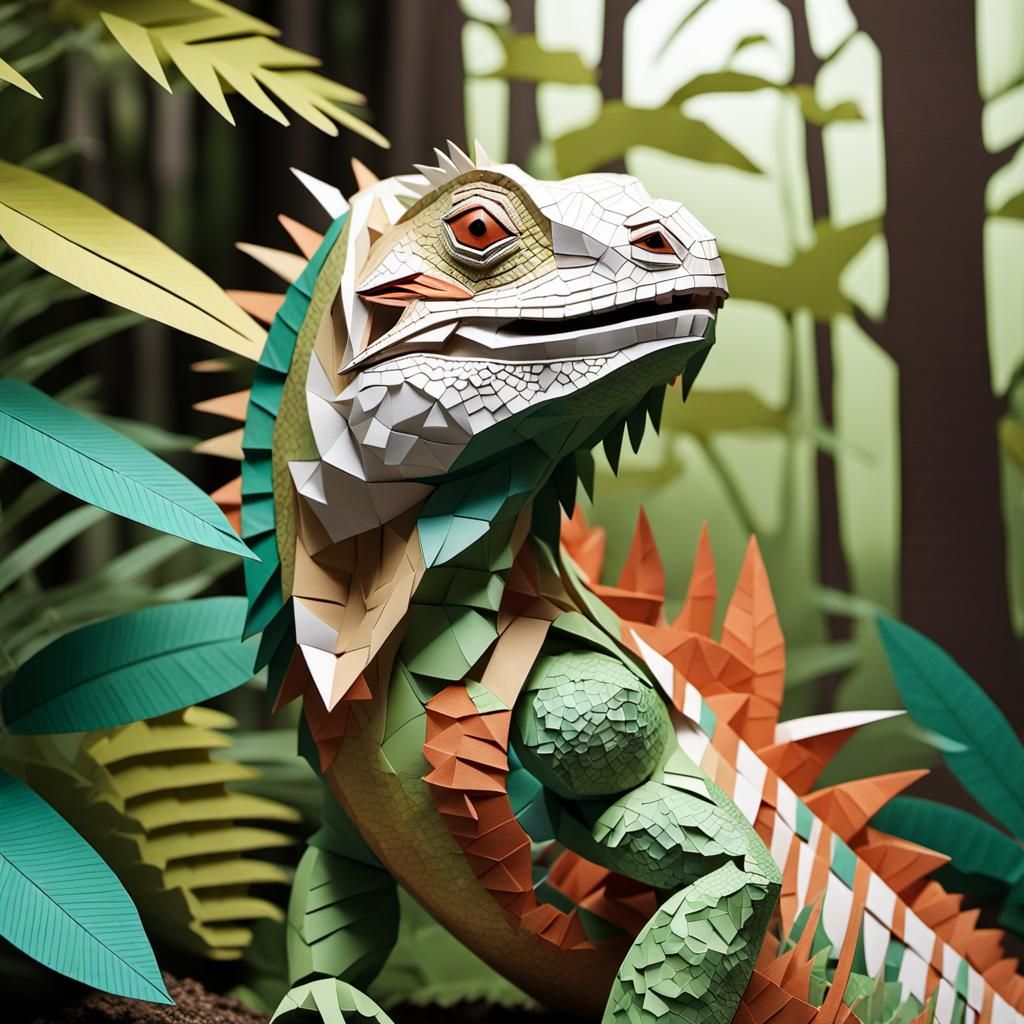 Iguana Portrait in Intricate Papercraft Style