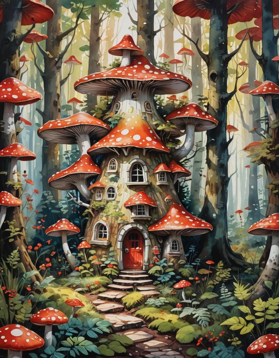 Whimsical Mushroom House in Gouache Watercolor
