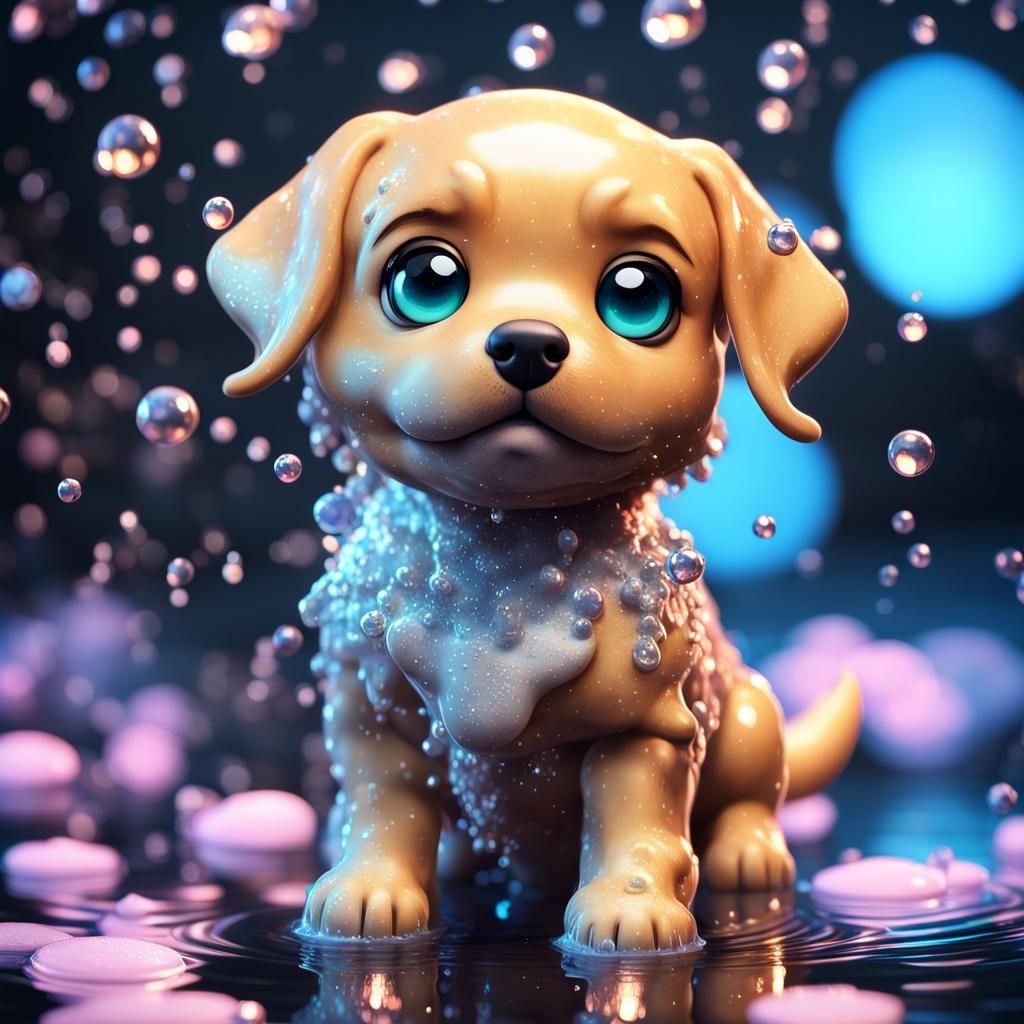 Adorable Chibi Doggo Made of Water in CGI Diorama