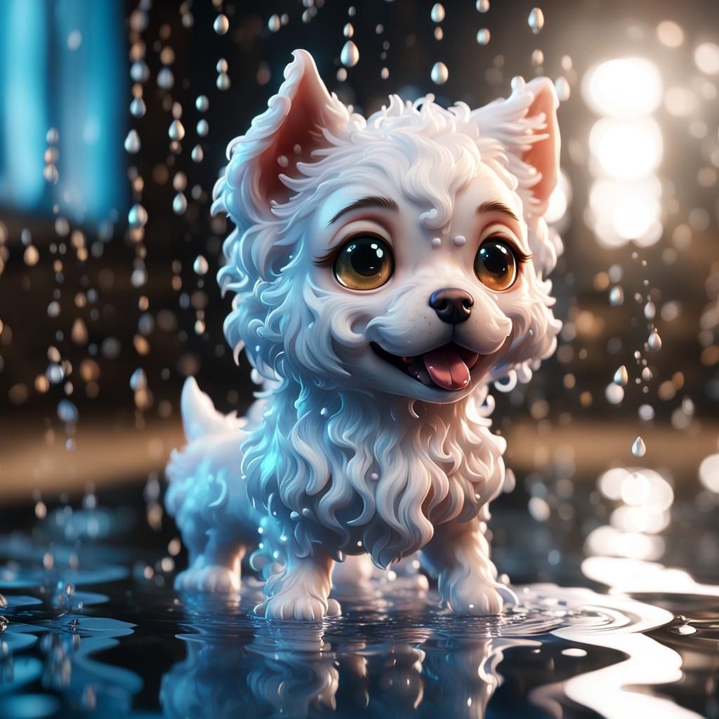 Adorable Chibi Doggo Made of Water in Photorealistic Style