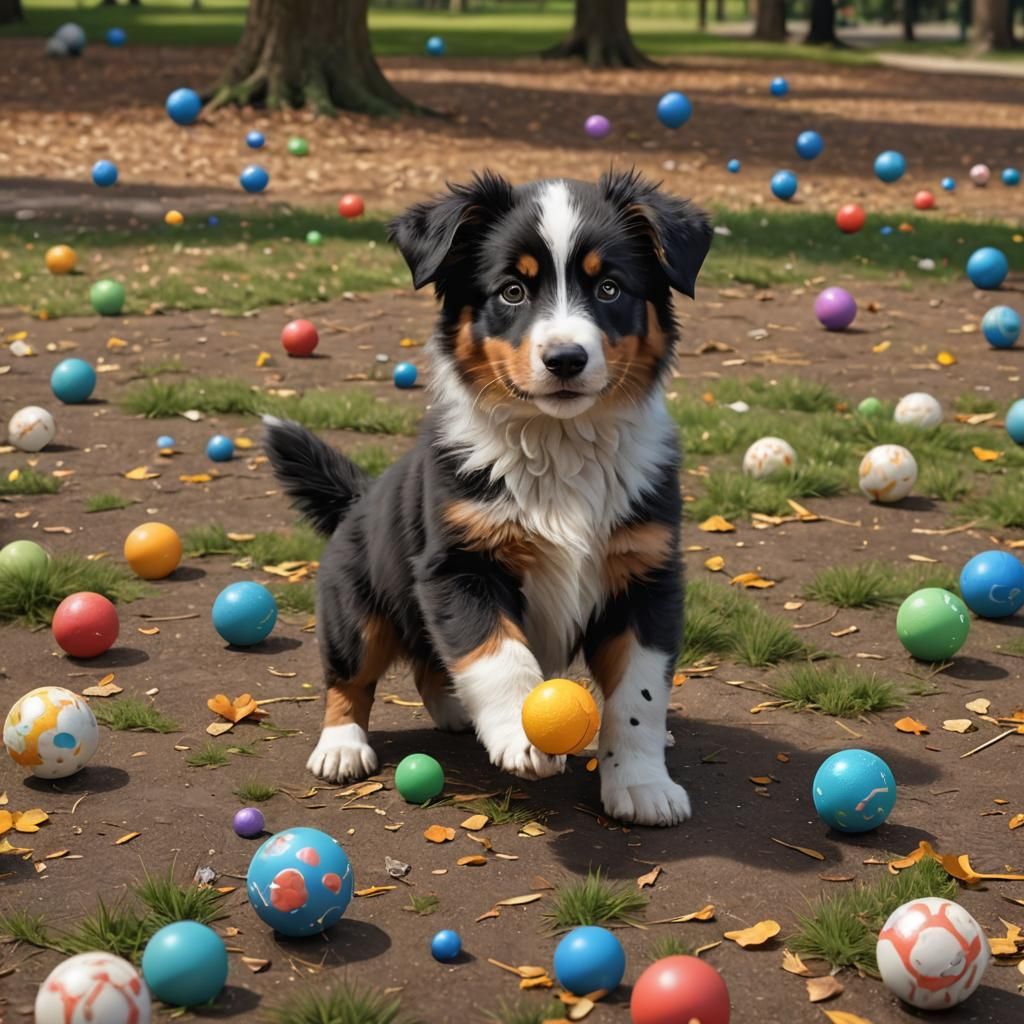 Cute Aussie Puppy Plays Ball in Park