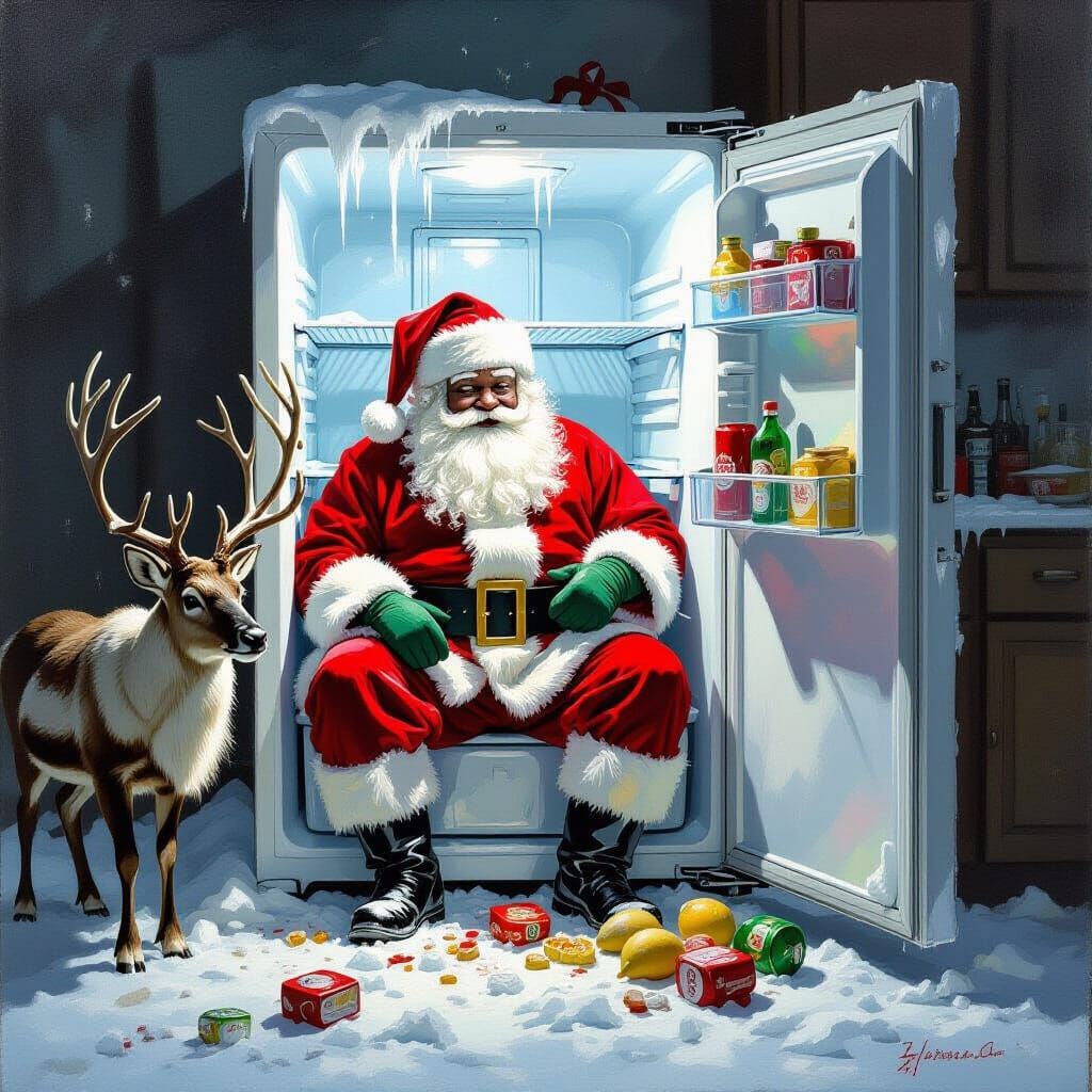 African Santa Shivering in Frosty Refrigerator with Reindeer