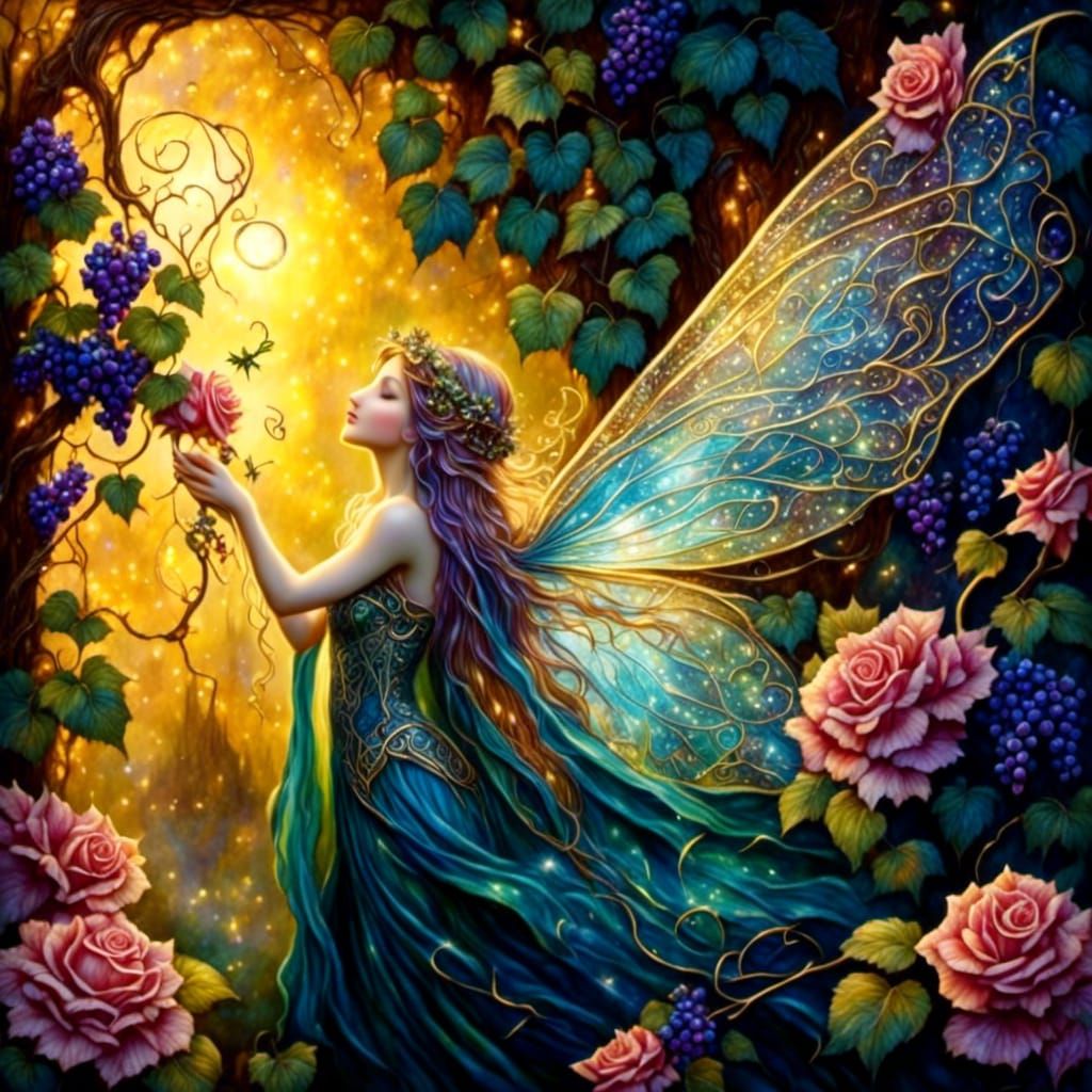 Celtic Fairy in Roses and Grape Vines