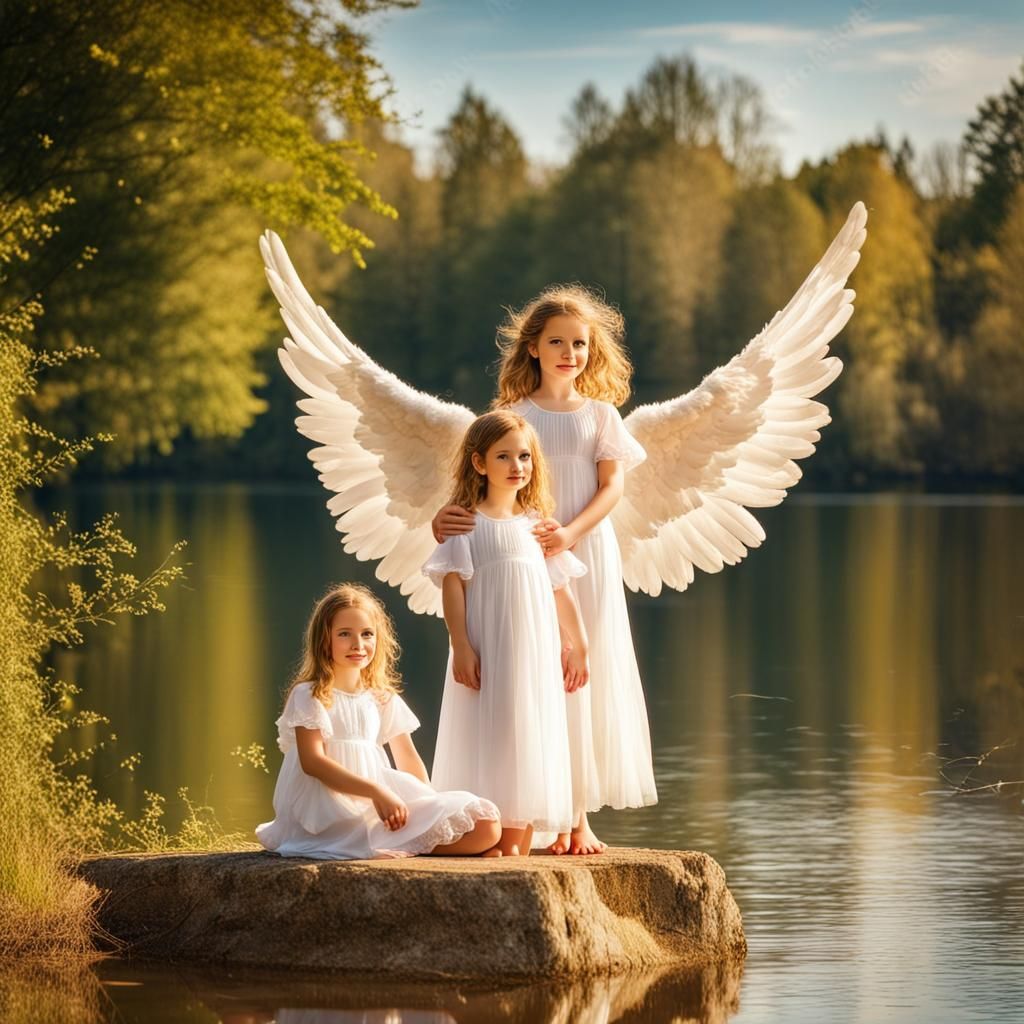 Angel Protecting Children on Lake Shore