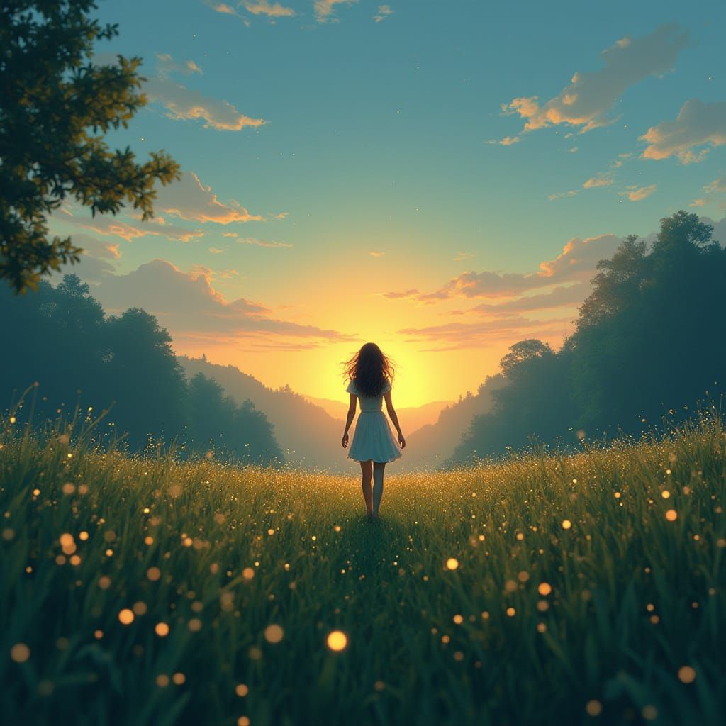 Woman in Dewy Field of Starlight and Diamonds