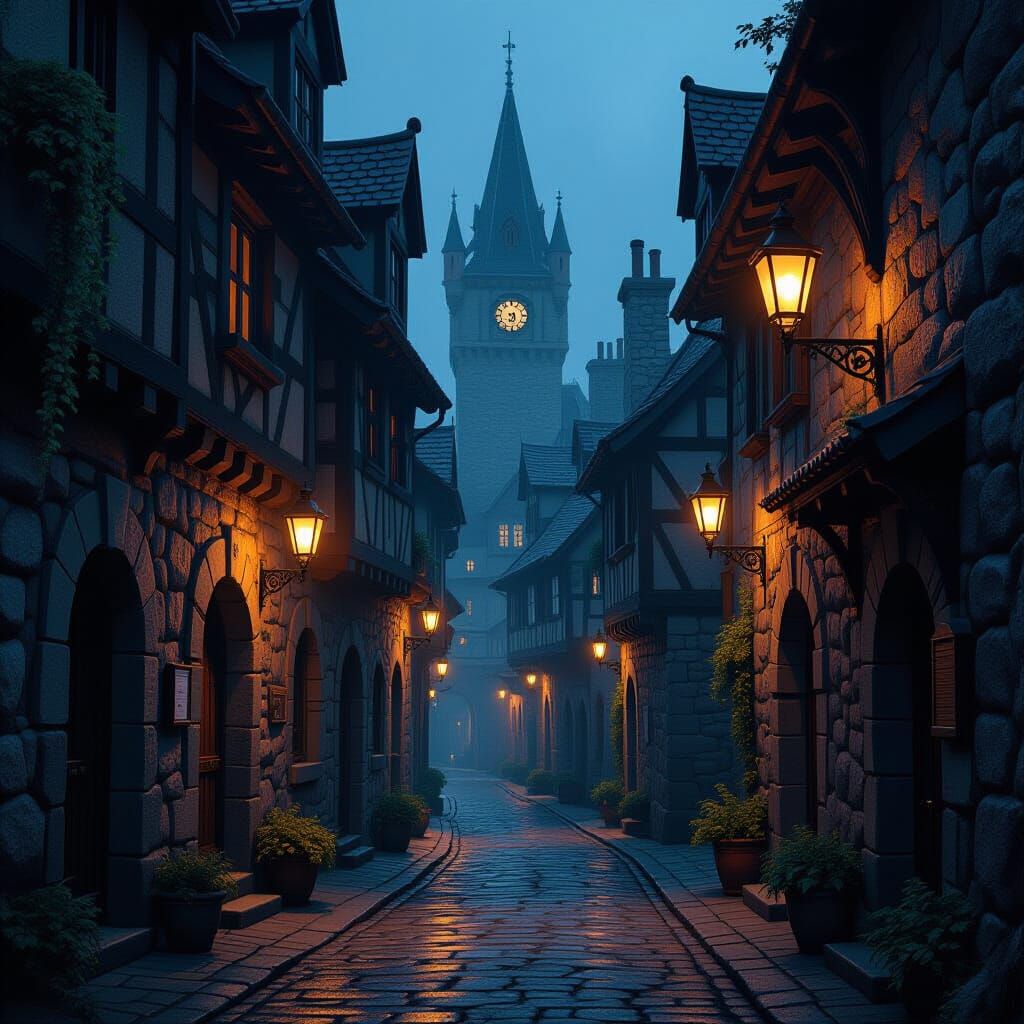 Dimly Lit Medieval Alleyways with Glowing Lanterns