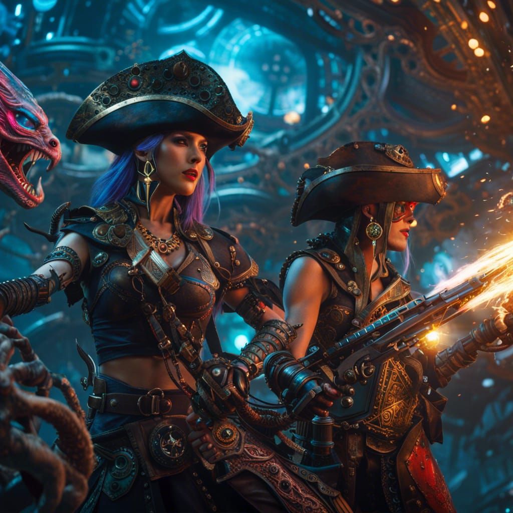 Cyberpunk Pirates Attack Alien Beasts in Space