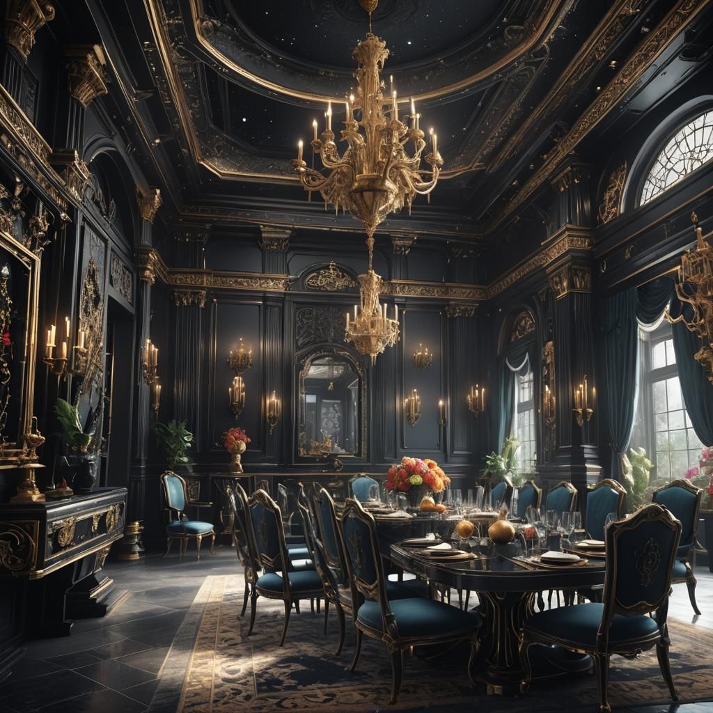 Black Tourmaline Dining Room in Detailed Matte Painting Styl...