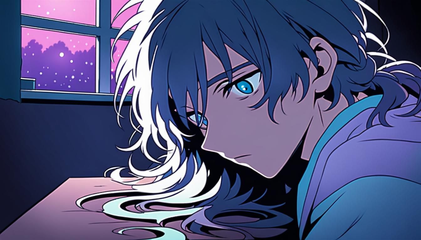 Moonlit Anime Boy in Bedroom, Manga Style