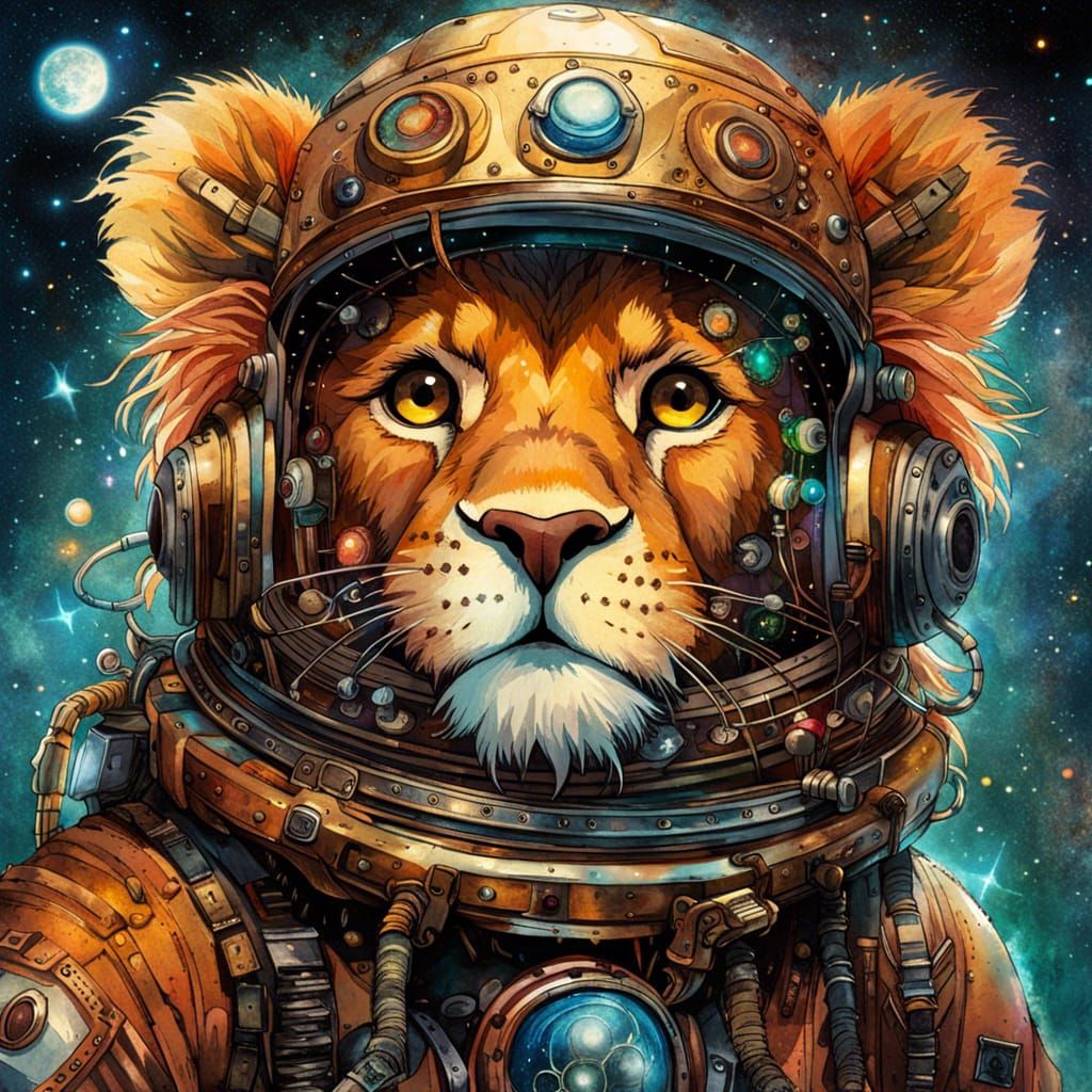 Steampunk Lion Astronaut in Anime Style